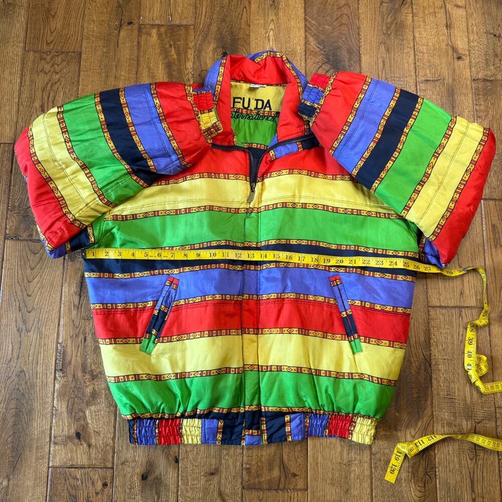 Vintage FU DA International Jacket Sz XL Multicolor 100% Silk Puffer Bomber - Picture 4 of 6